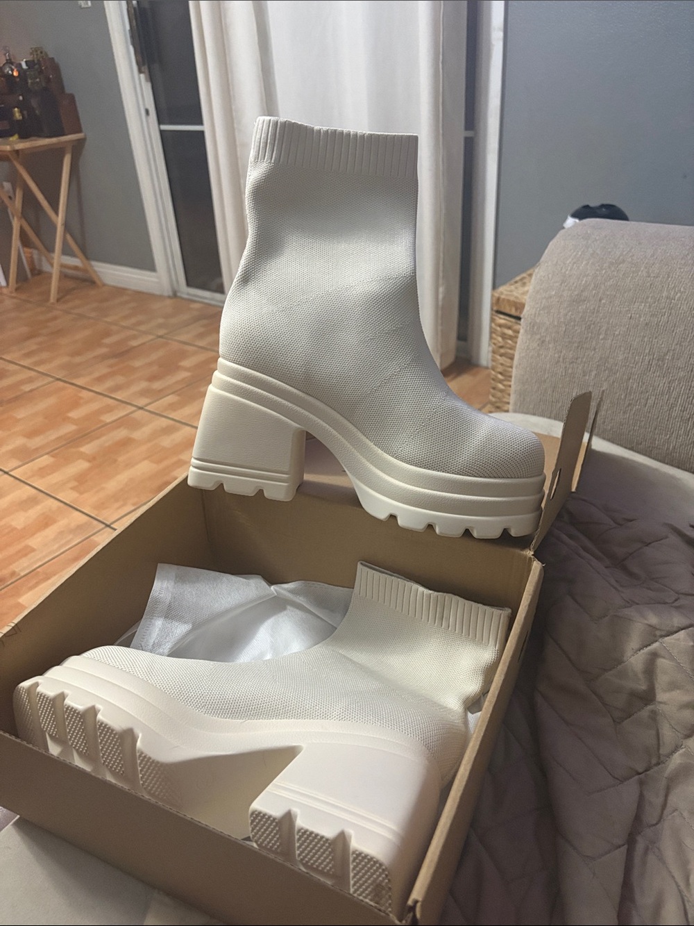 Women’s Cream Platform Sock Boots - Minimal Chunky Heel